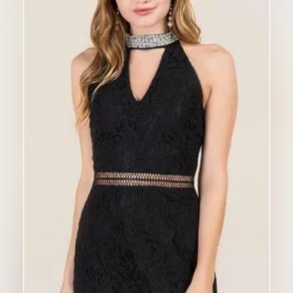 Francesca's XS Womens Black Lace Rhinestone Collar Halter Sheath Dress - Picture 1 of 4